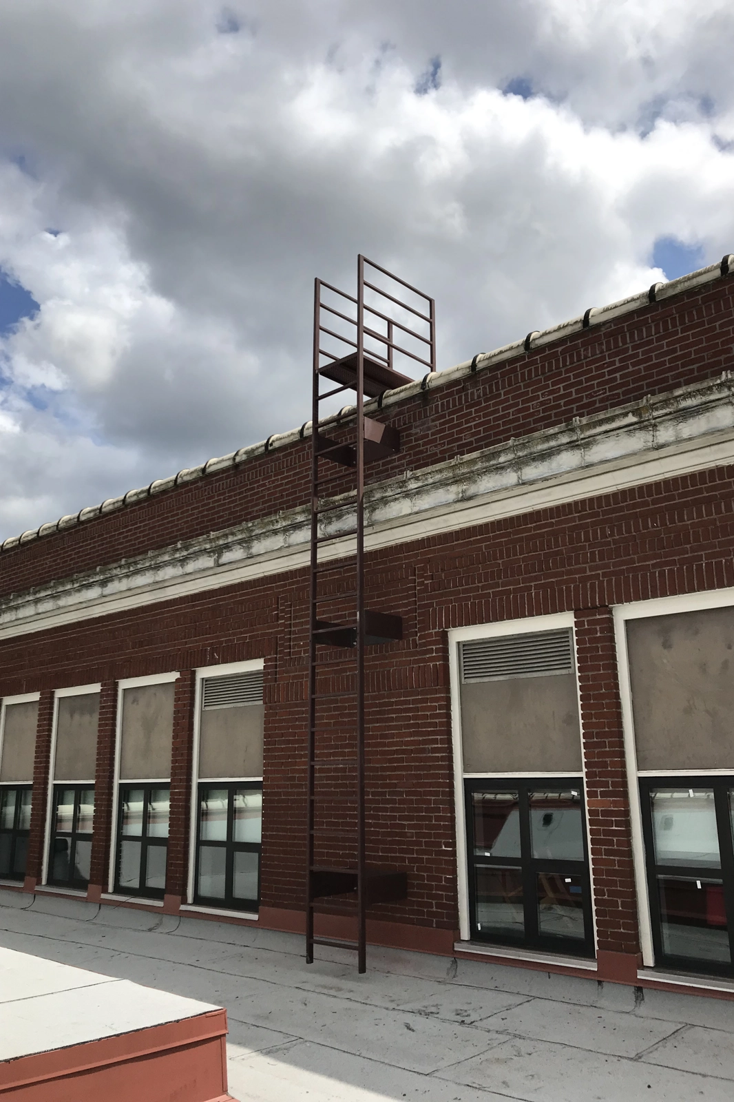 A custom-handcrafted black steel vertical roof access ladder featuring high safety guardrails and a top landing platform.