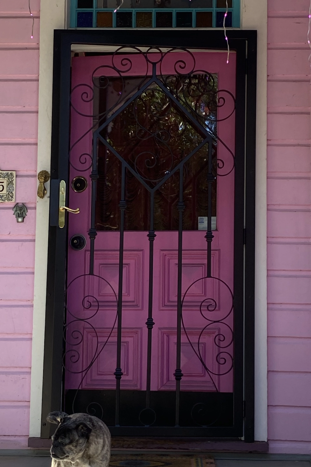 A custom-fabricated black wrought iron security storm door with decorative scrollwork and a central diamond motif, installed over a bright pink residential front door.